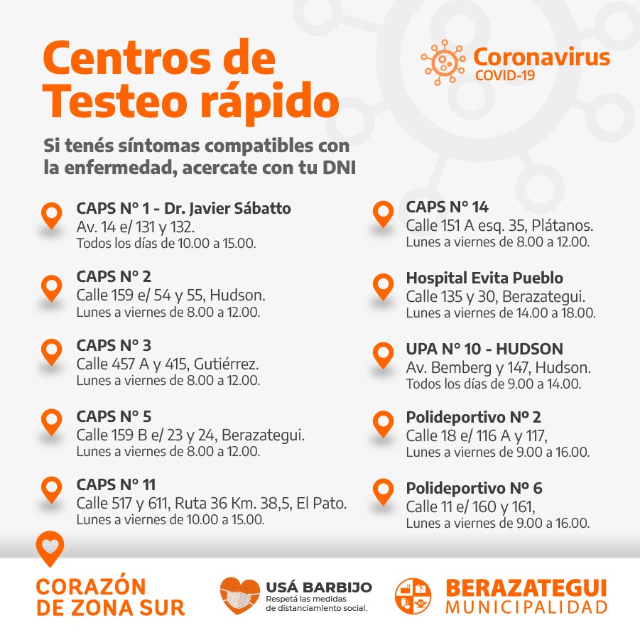 Centros de testeo rápido en Berazategui – Municipalidad de Berazategui