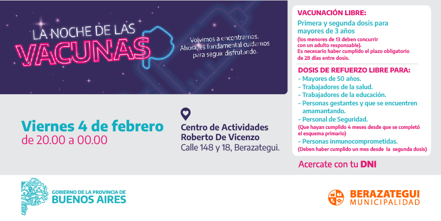En Berazategui se realizará la noche de las vacunas