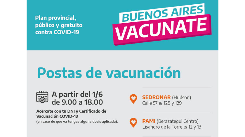Postas de vacunación contra ell COVID-19 en Berazategui