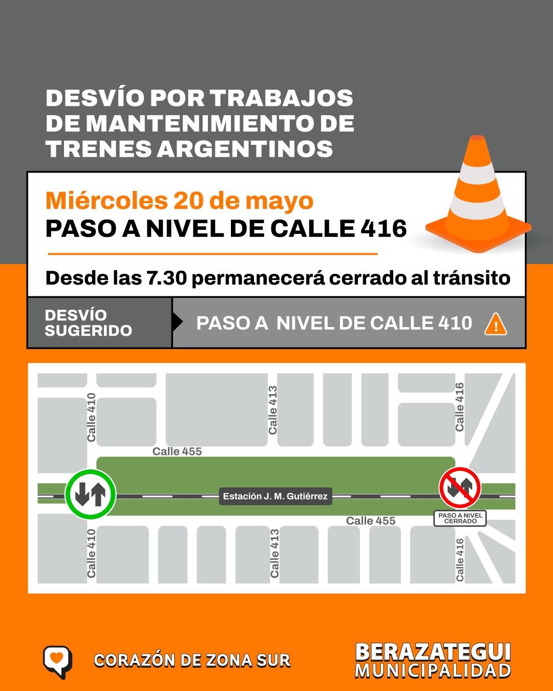Desvío por obras de Trenes Argentinos en el paso a nivel de la calle 416 en Gutiérrez
