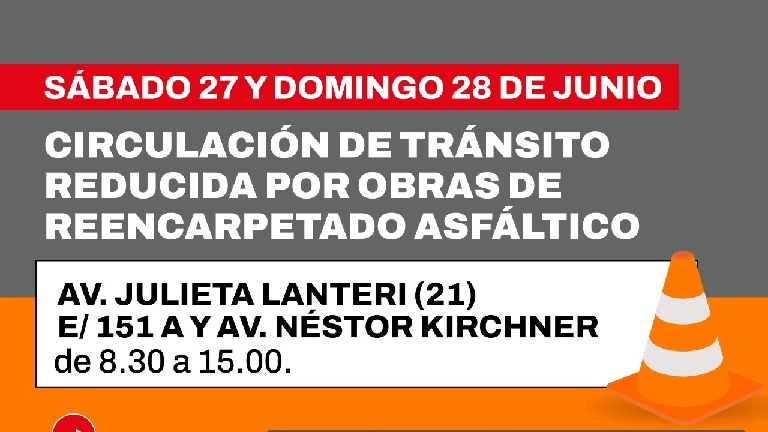 Desvío por obras en Av. Lanteri entre Av. Néstor Kirchner y calle 151 A