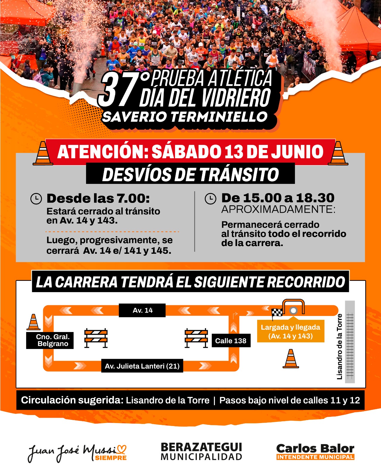 Desvíos de tránsito por la Prueba Atlética Día del Vidriero
