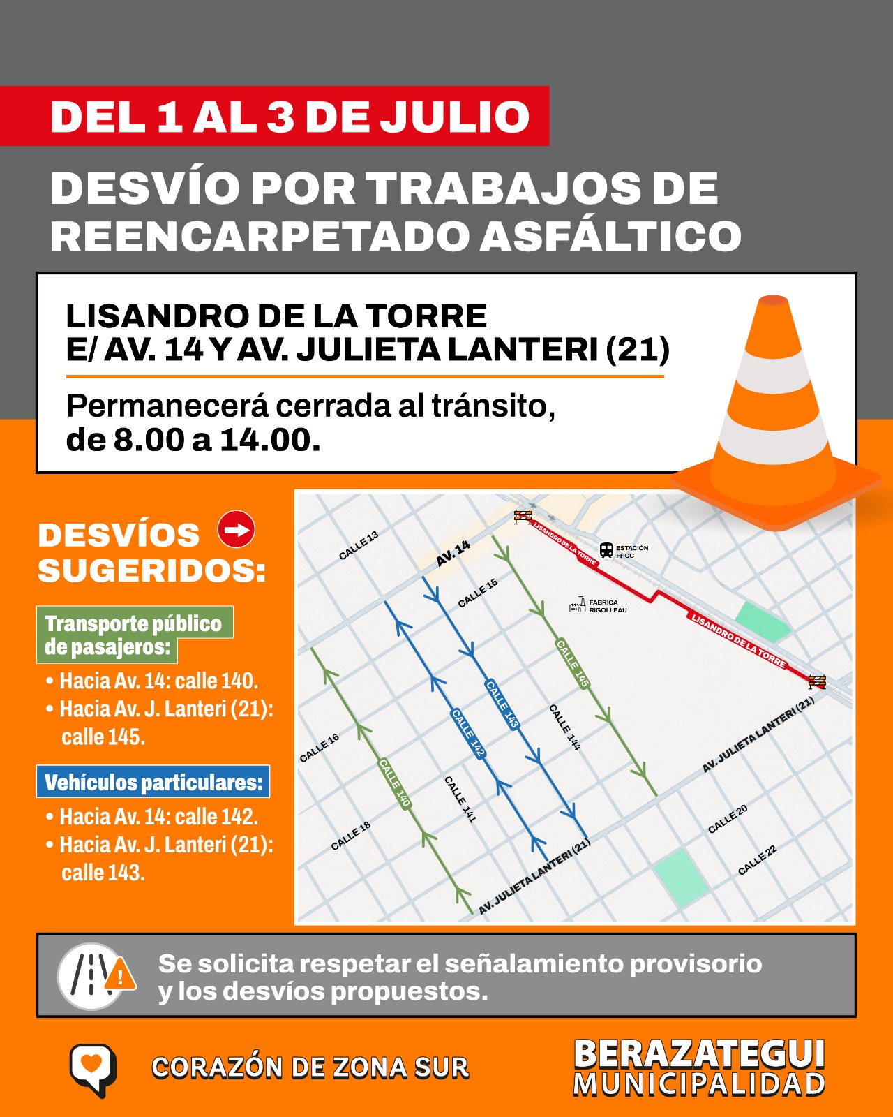 Desvío de tránsito por obras de reencarpetado asfáltico sobre Lisandro de la Torre