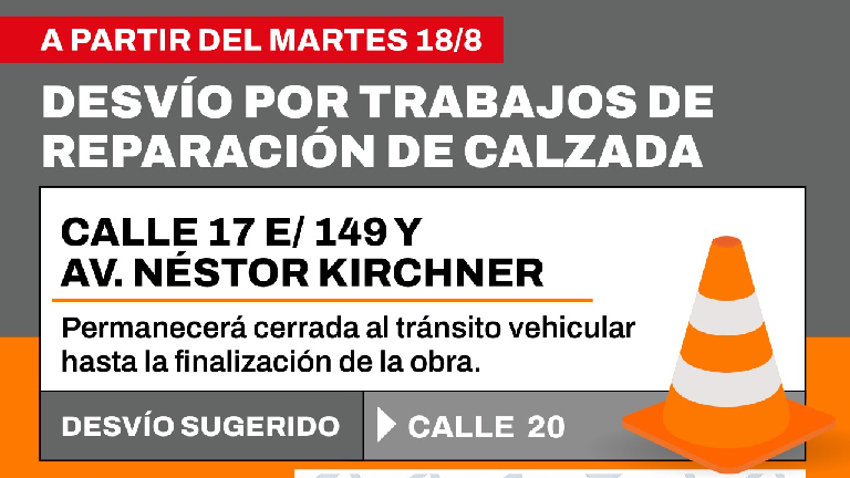 Desvío de tránsito por reparaciones en calle 17 entre 149 y Av. Kirchner