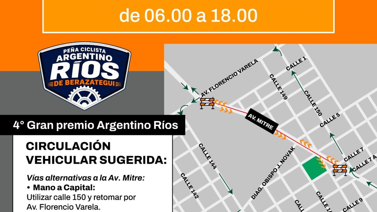 Berazategui: desvíos de tránsito por el Gran Premio Argentino Ríos de Ciclismo