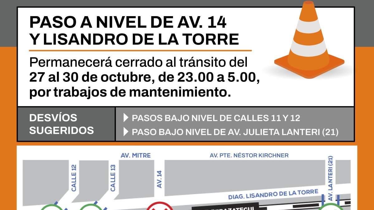 Desvío por obras de Trenes Argentinos en el paso a nivel de Avenida 14